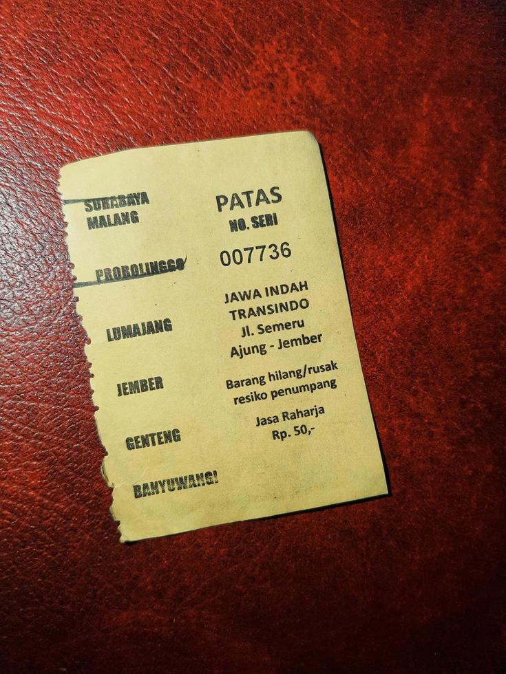 East Java, Indonesia in October 2022. This is an intercity bus ticket within the province of East Java. photo