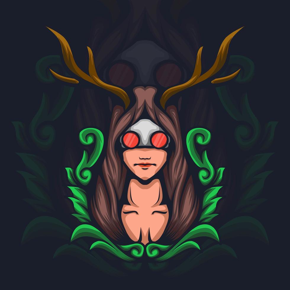 illustration of a woman with deer antlers and red glasses complete with leaf ornaments vector