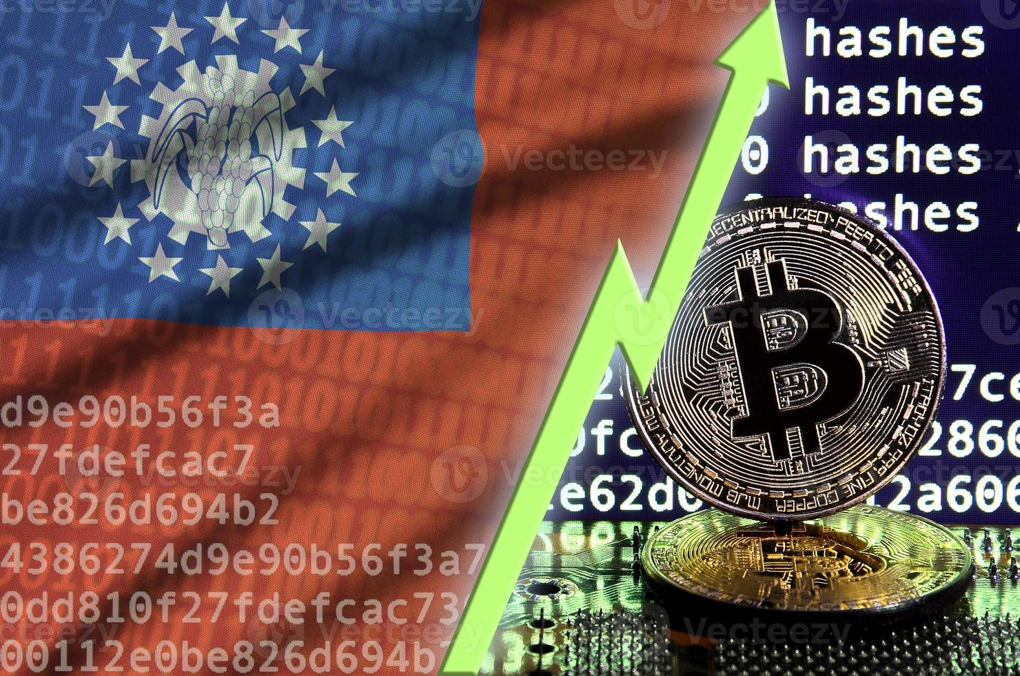 Myanmar flag and rising green arrow on bitcoin mining screen and two physical golden bitcoins photo