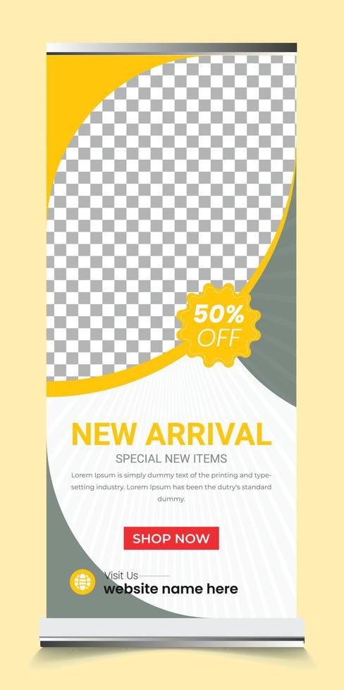 New Arrival Fashion Sale offers a Roll-up Banner Design Template in fully editable print-ready file format. vector