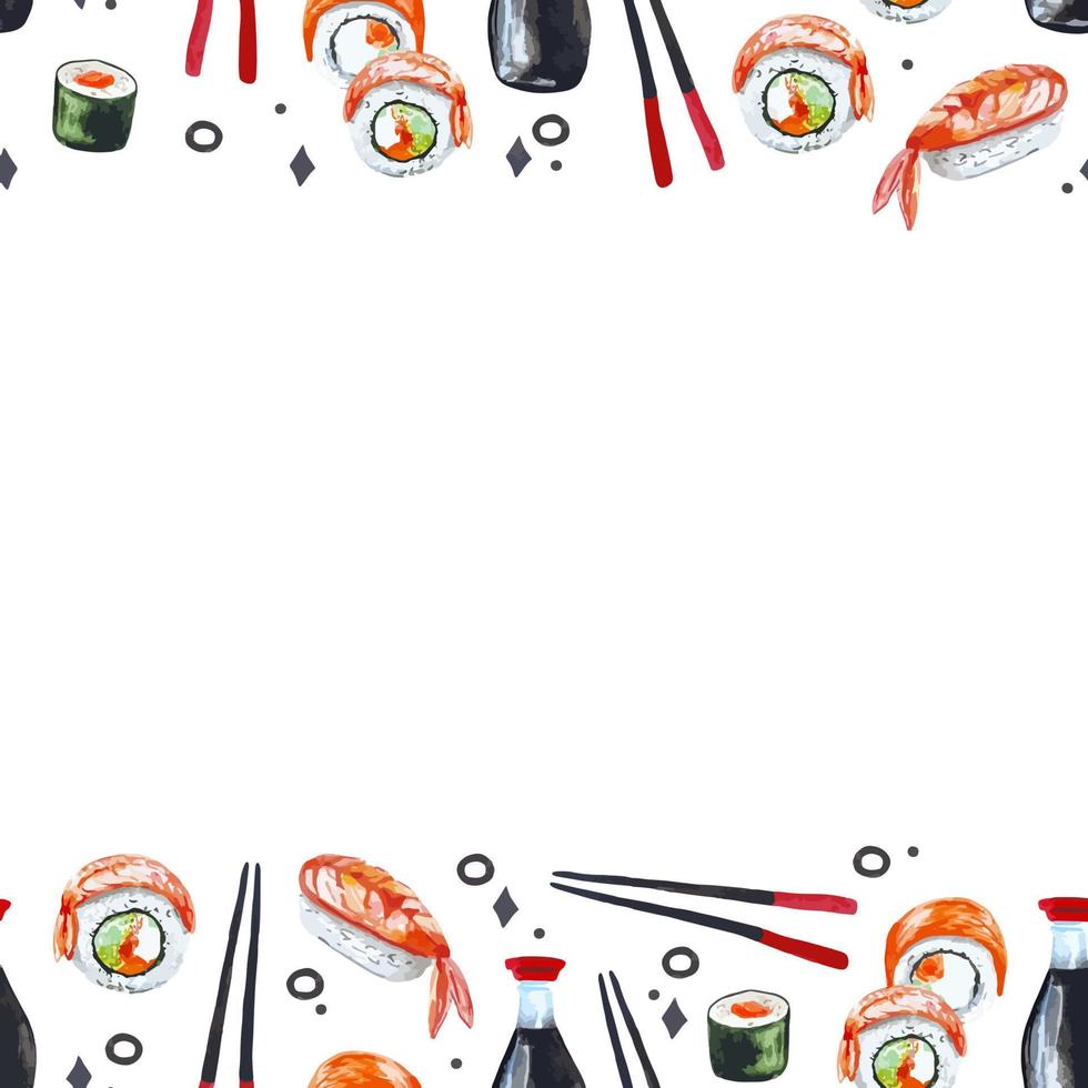 Seamless pattern sushi frame watercolor illustration for decor, invitation, restaurant menu vector