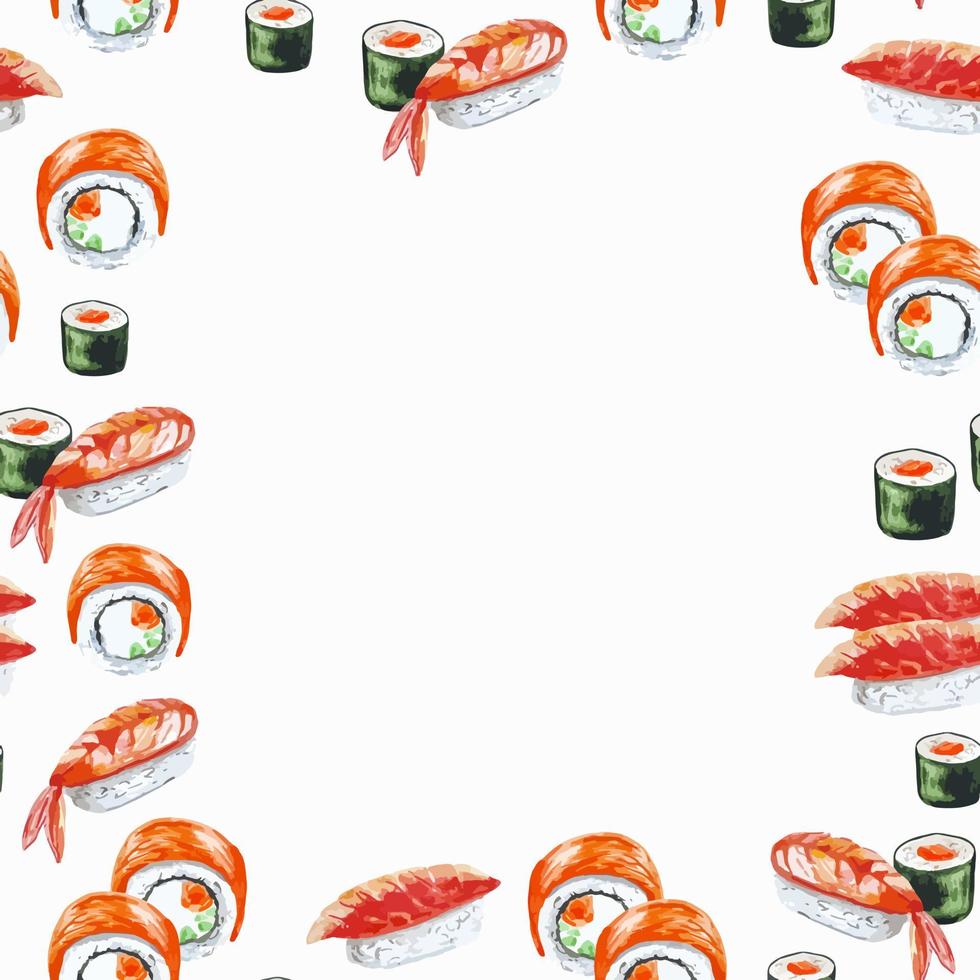 ilustración de acuarela de borde de marco de sushi de patrón para textil, tela, decoración, invitación, menú de restaurante vector