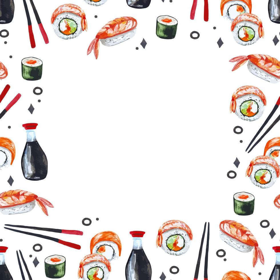 Seamless pattern sushi frame watercolor illustration for  textile, fabric, decor, invitation, restaurant menu vector