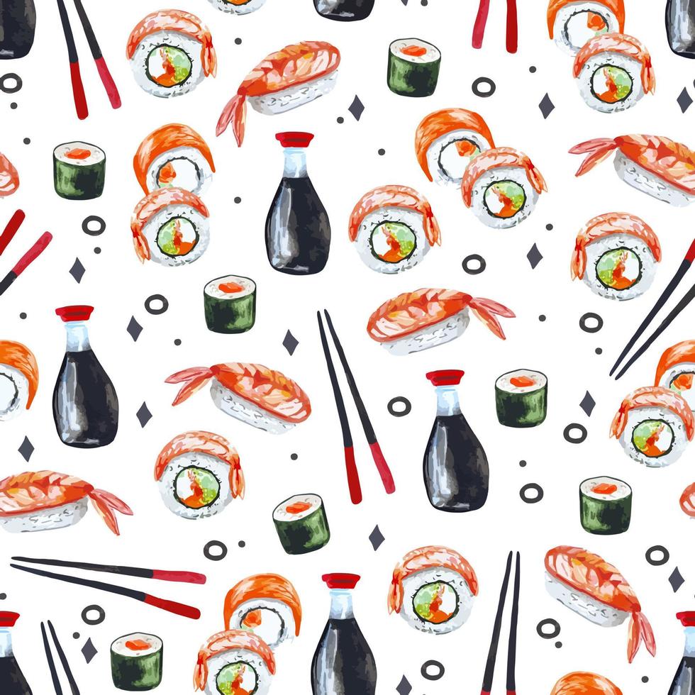 acuarela de patrones sin fisuras comida asiática sushi estética para la decoración vector