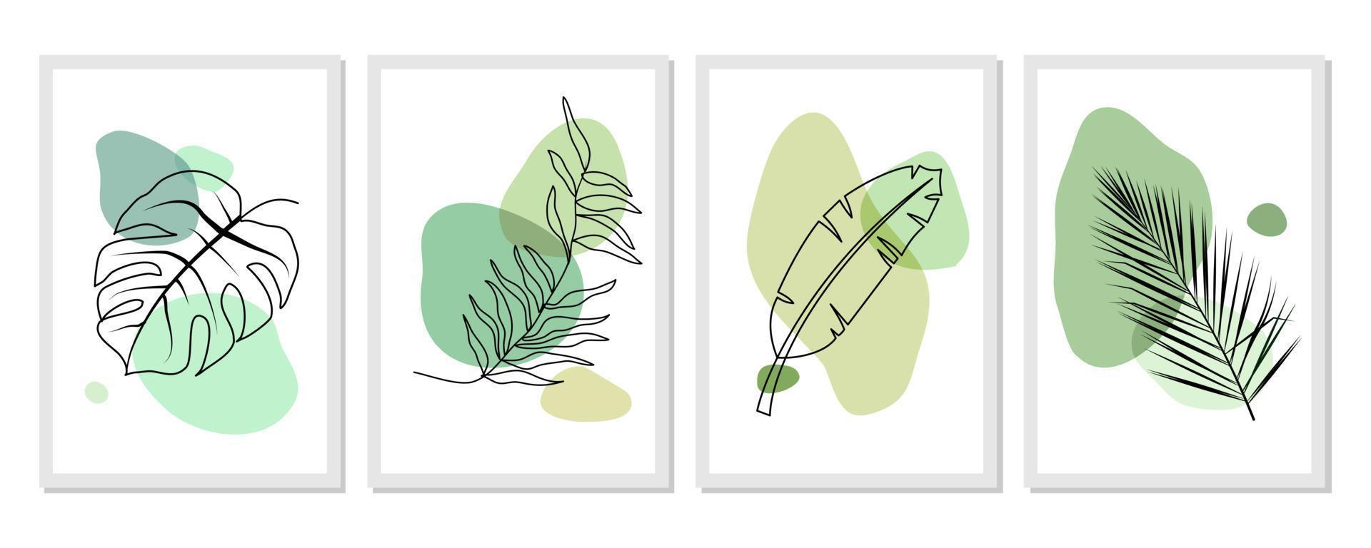 conjunto de vectores de arte de pared botánica. dibujo de arte de línea de follaje con forma abstracta. diseño de arte abstracto de plantas para impresión, portada, papel tapiz, arte de pared minimalista y natural. ilustración vectorial.