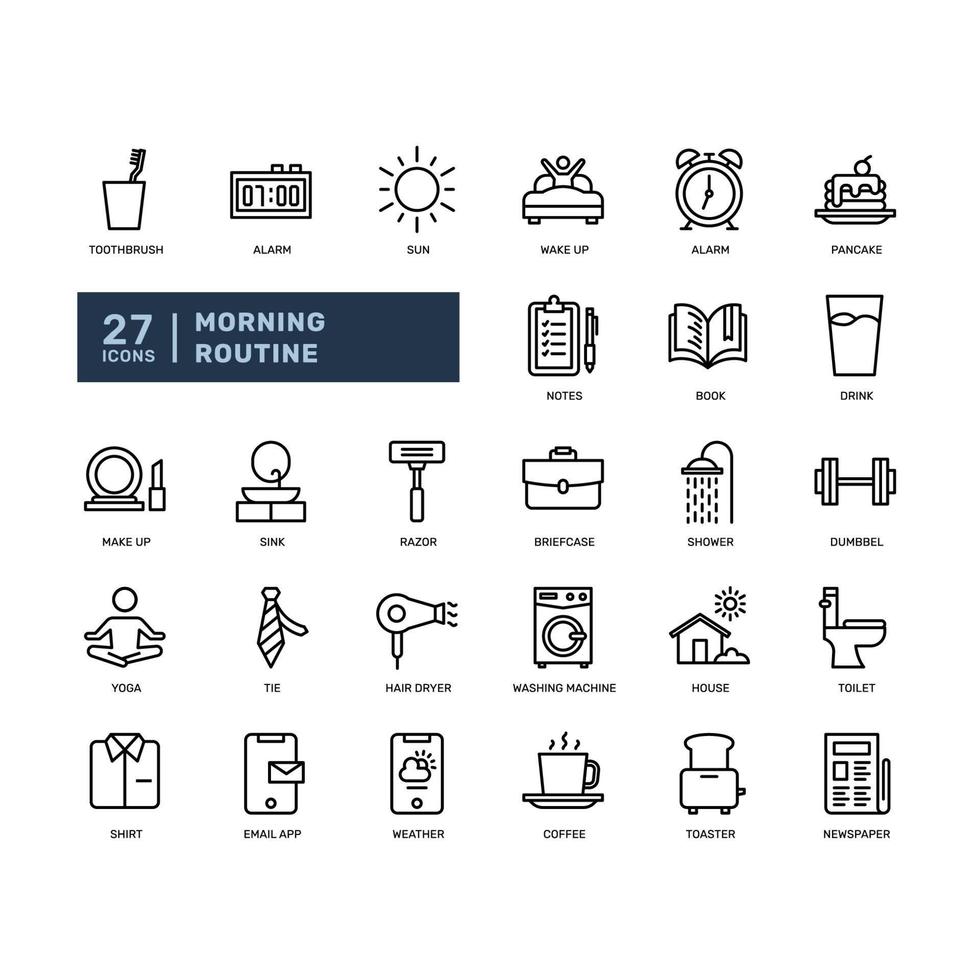 morning routine cosmetics daily activity lifestyle fresh fitness wake up detailed thin outline line icon set. simple vector illustration