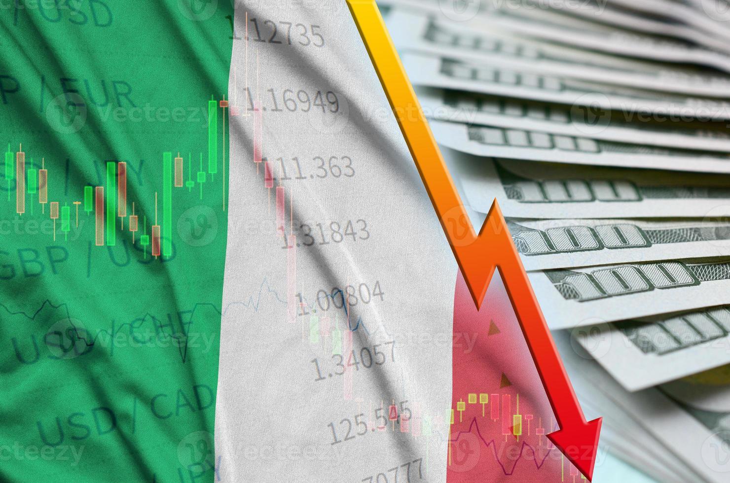 Italy flag and chart falling US dollar position with a fan of dollar bills photo