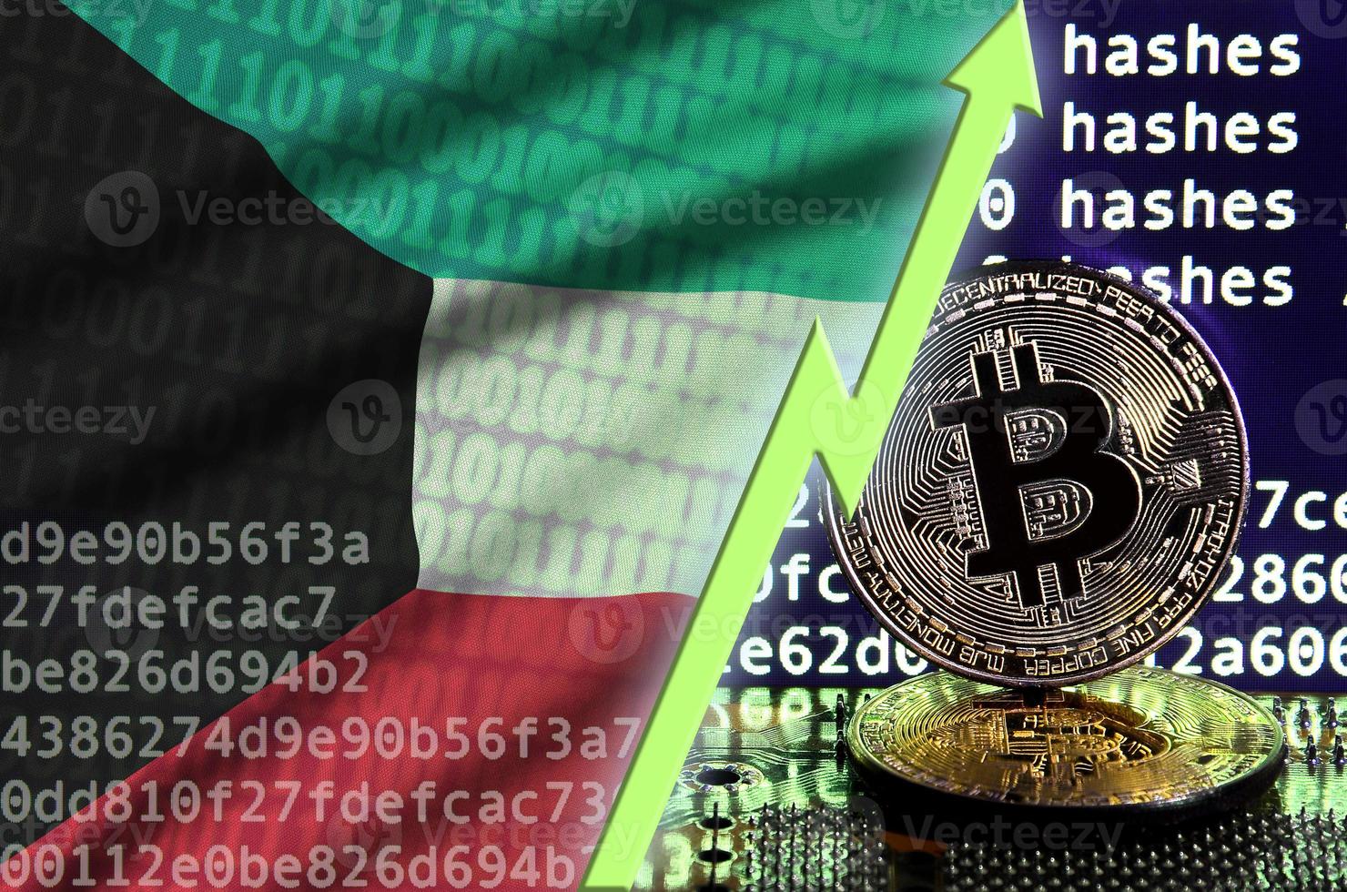 Kuwait flag and rising green arrow on bitcoin mining screen and two physical golden bitcoins photo