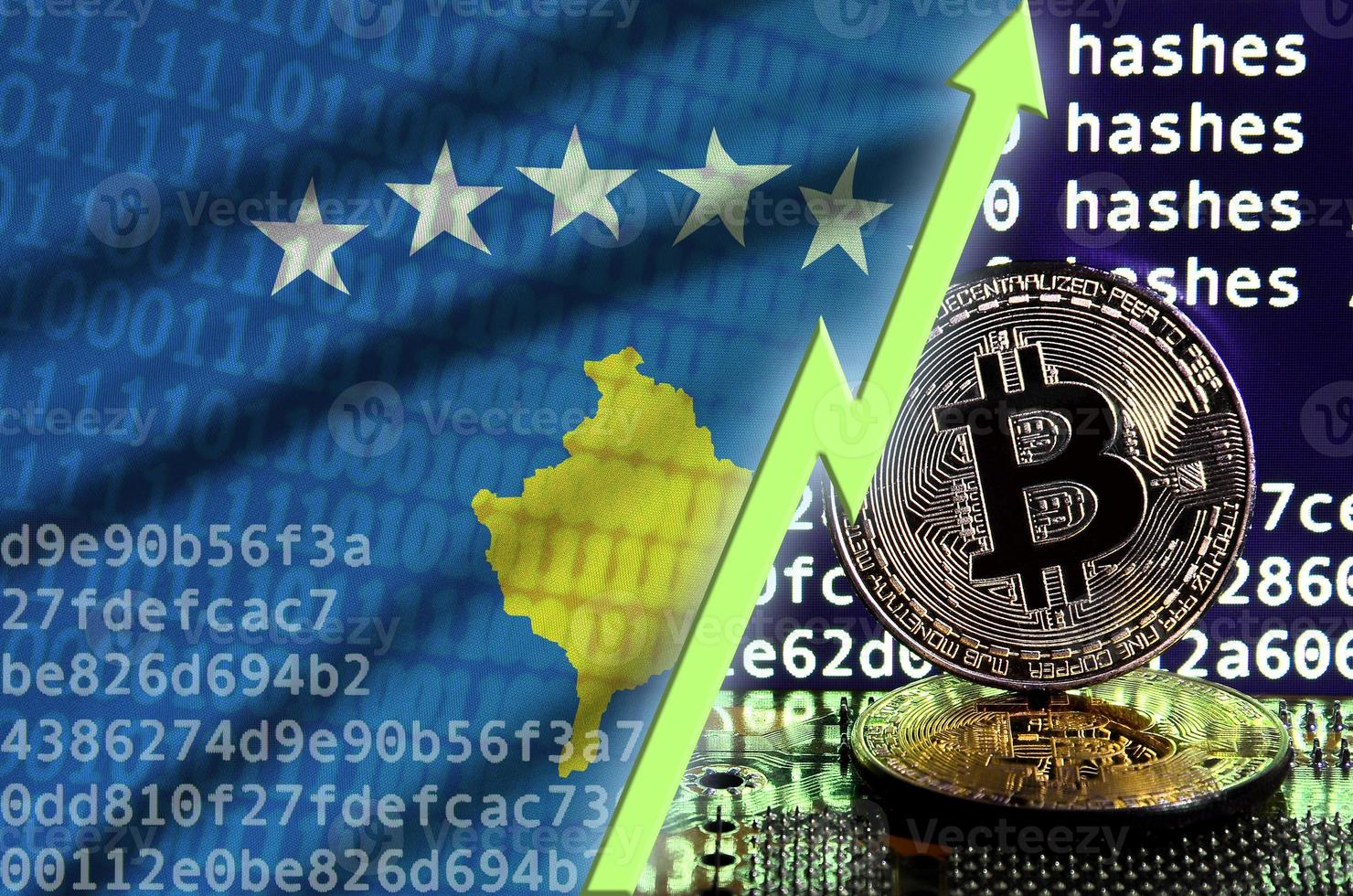 Kosovo flag and rising green arrow on bitcoin mining screen and two physical golden bitcoins photo