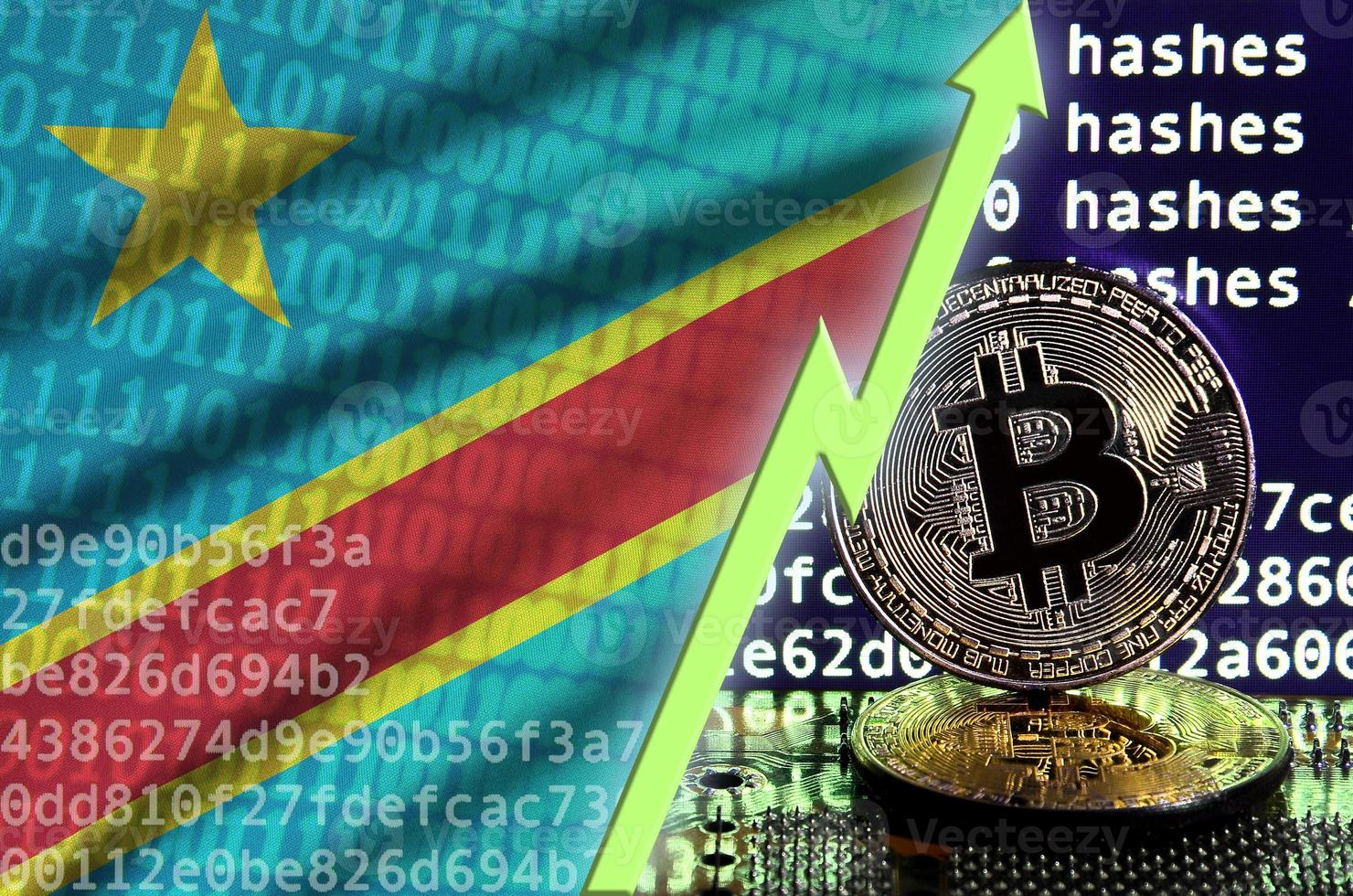 Democratic Republic of the Congo flag and rising green arrow on bitcoin mining screen and two physical golden bitcoins photo