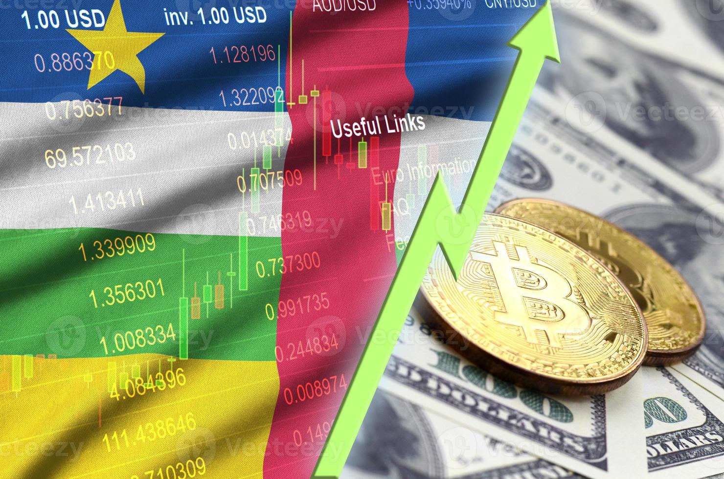 Central African Republic flag and cryptocurrency growing trend with two bitcoins on dollar bills photo