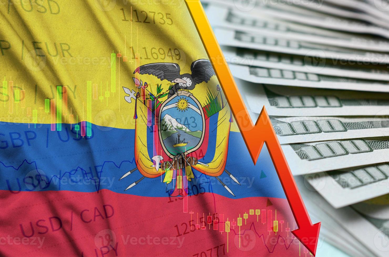 Ecuador flag and chart falling US dollar position with a fan of dollar bills photo