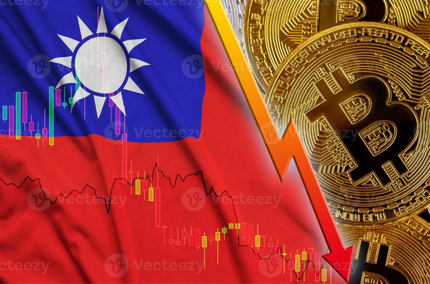 Taiwan flag and cryptocurrency falling trend with many golden bitcoins photo