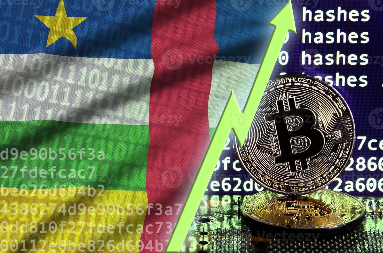 bandera de la república centroafricana y flecha verde ascendente en la pantalla de minería bitcoin y dos bitcoins dorados físicos foto