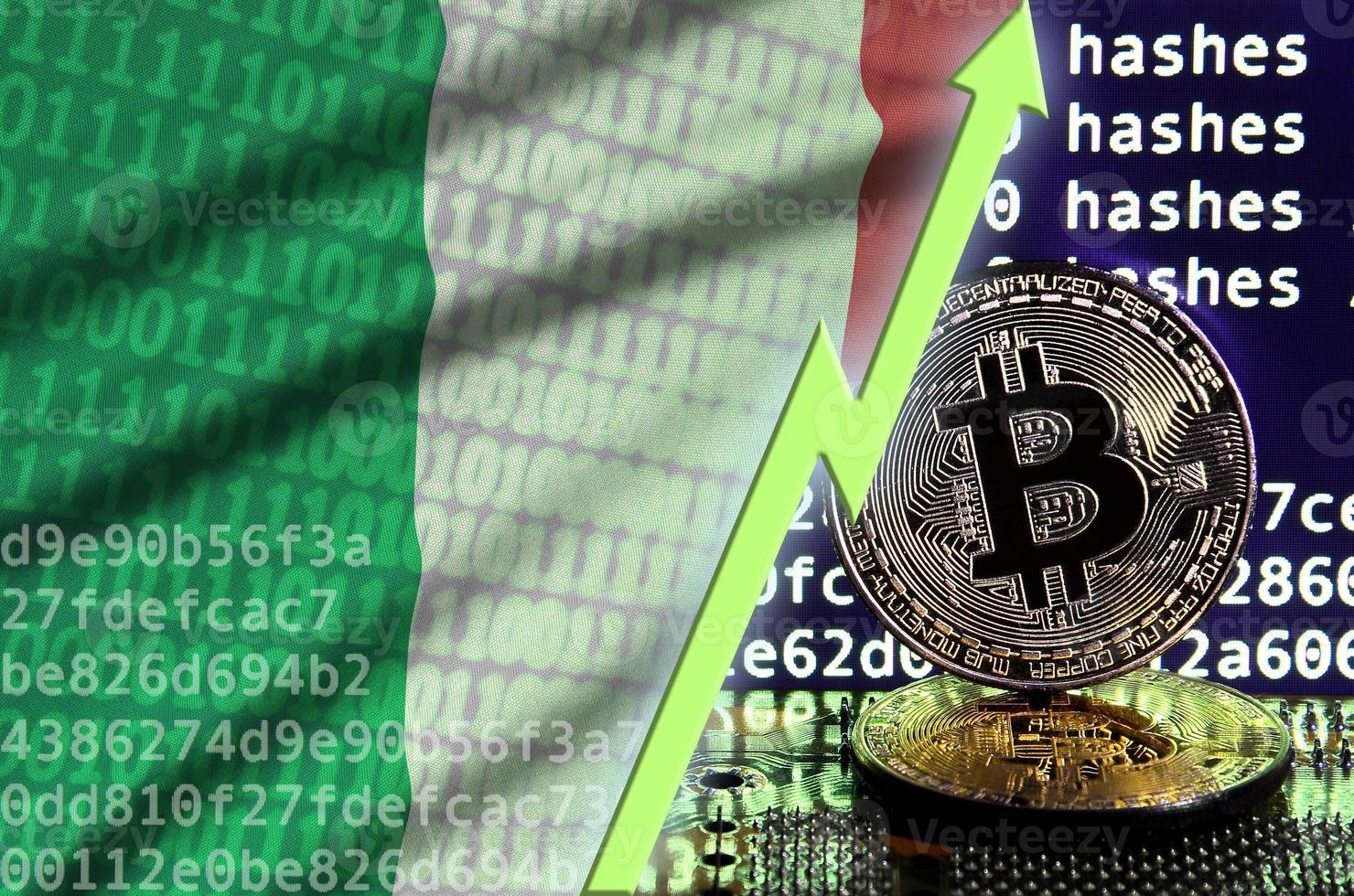 Italy flag and rising green arrow on bitcoin mining screen and two physical golden bitcoins photo