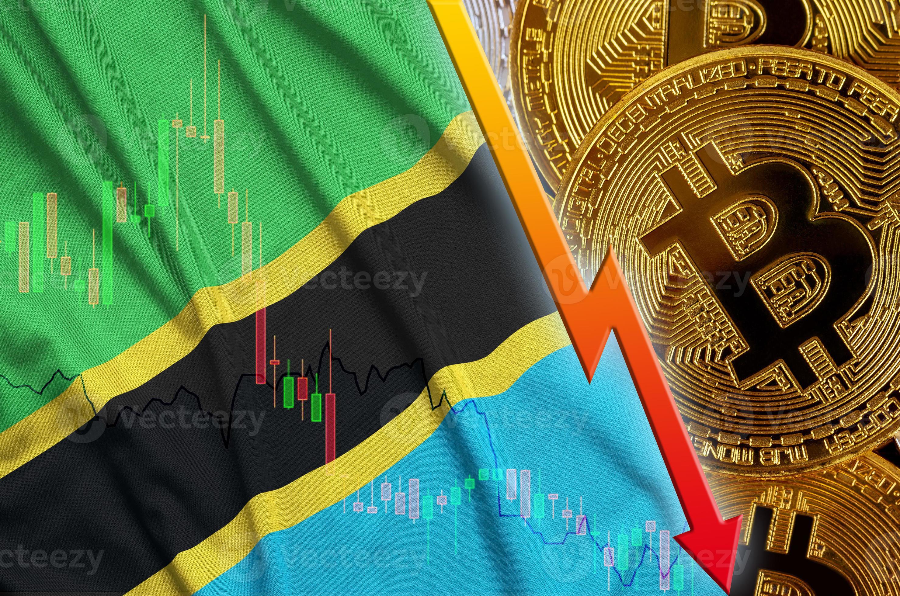 Tanzania flag and cryptocurrency falling trend with many golden bitcoins 15022004 Stock Photo at
