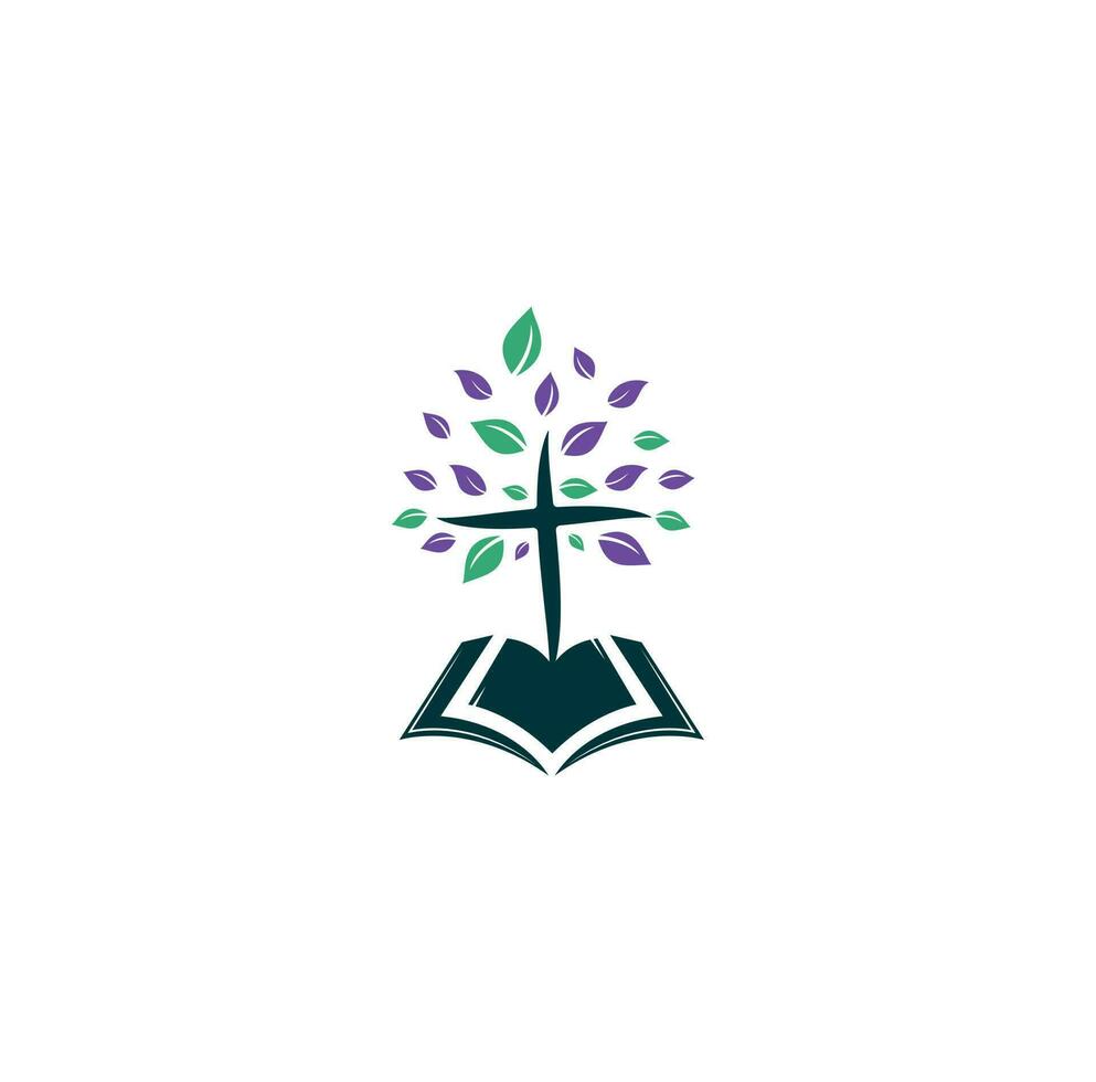 diseño del logotipo de la iglesia del árbol cruzado de la biblia. logotipo de la iglesia bíblica vector
