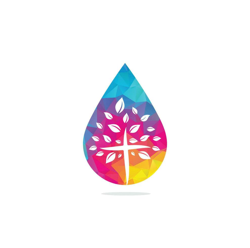 diseño de vector de icono de símbolo de cruz religiosa de árbol abstracto. logotipo de la iglesia y la organización cristiana. logotipo de concepto de forma de gota de iglesia.