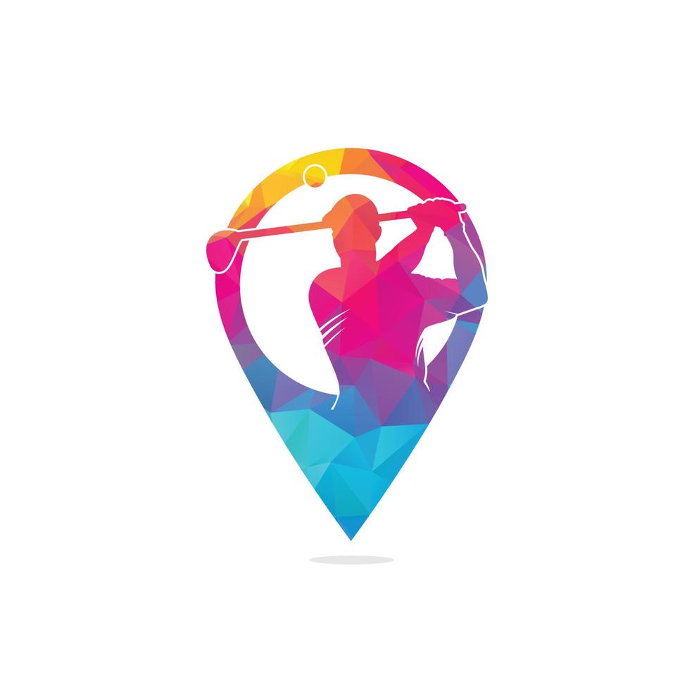 diseño de logotipo vectorial de concepto de forma de pin de mapa de club de golf. el jugador de golf golpea el diseño del logotipo de la inspiración de la pelota. vector