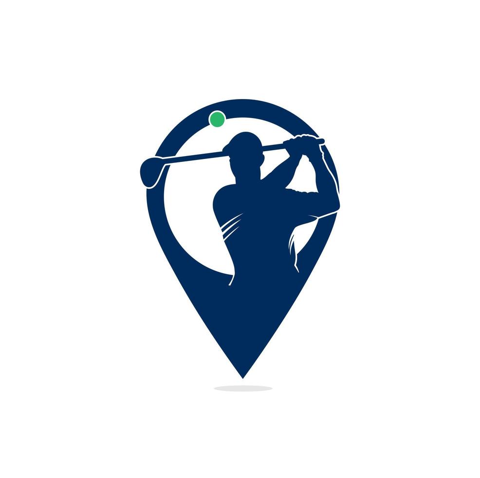 diseño de logotipo vectorial de concepto de forma de pin de mapa de club de golf. el jugador de golf golpea el diseño del logotipo de la inspiración de la pelota. vector