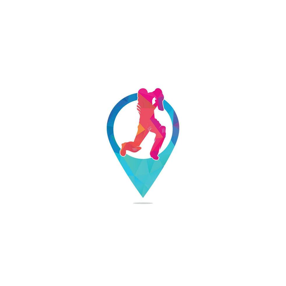 bateador jugando cricket mapa pin forma concepto logo. logotipo de la competencia de cricket. personaje de jugador de críquet estilizado para el diseño de sitios web. campeonato de críquet. vector