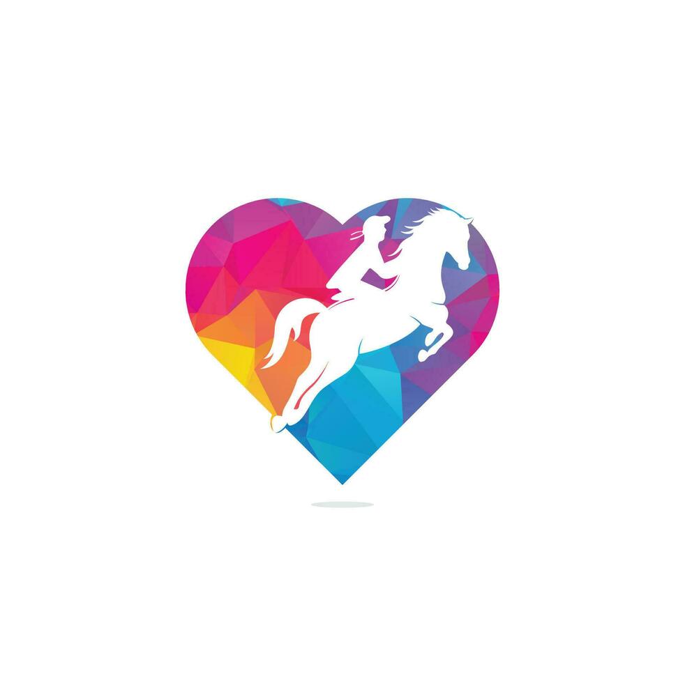 caballo de carreras con iconos de diseño de logo de jockey love. logotipo del deporte ecuestre. jinete montando caballo de salto. logotipo de concepto de forma de corazón de equitación. vector