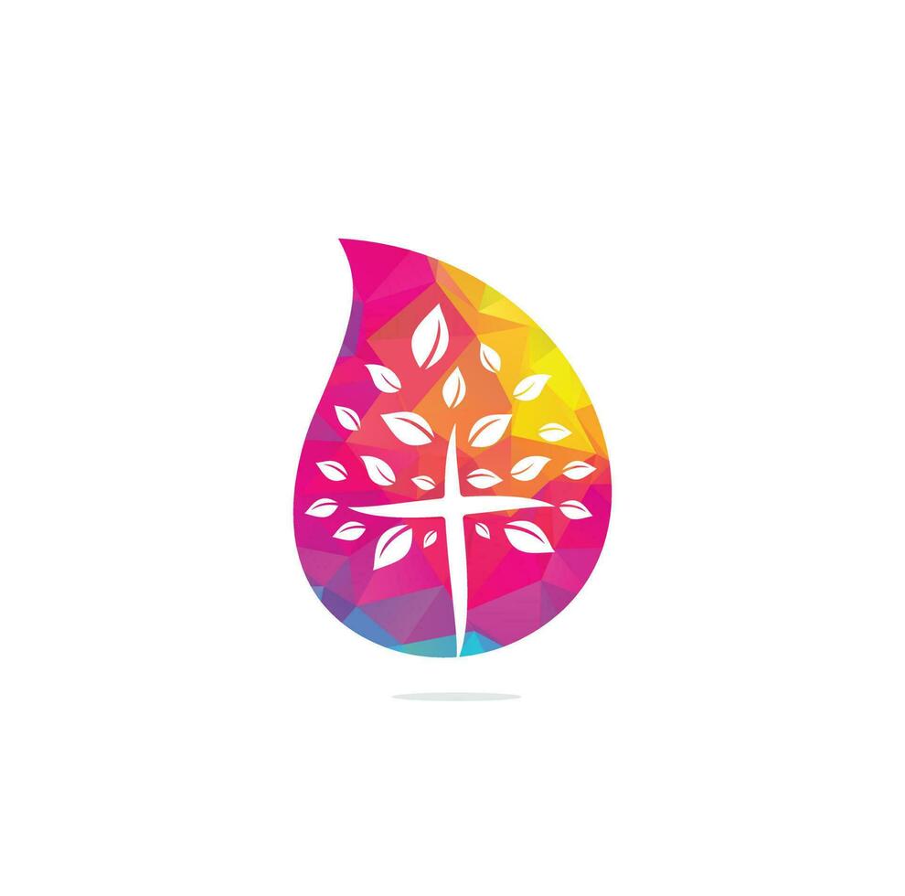 Abstract Tree religious cross symbol icon vector design. Church and Christian organization logo. Church drop shape concept logo.