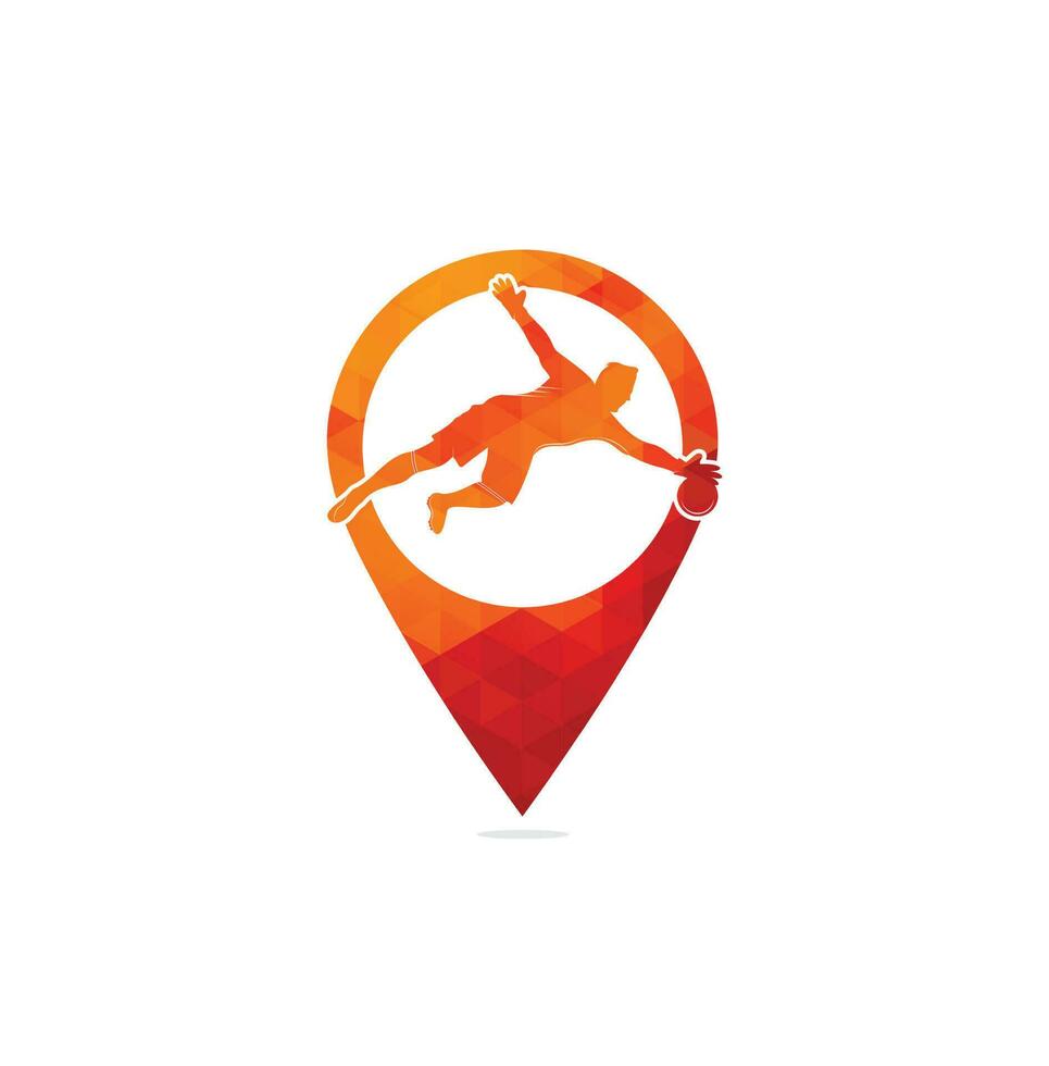 logotipo del concepto de pin del mapa del jugador del portero. logotipo de jugador de fútbol moderno en acción - salvado por el portero vector