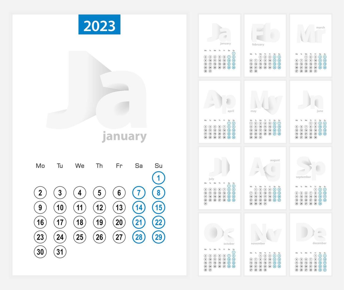 Calendar 2023, blue circle design. English language, week starts on Monday. vector