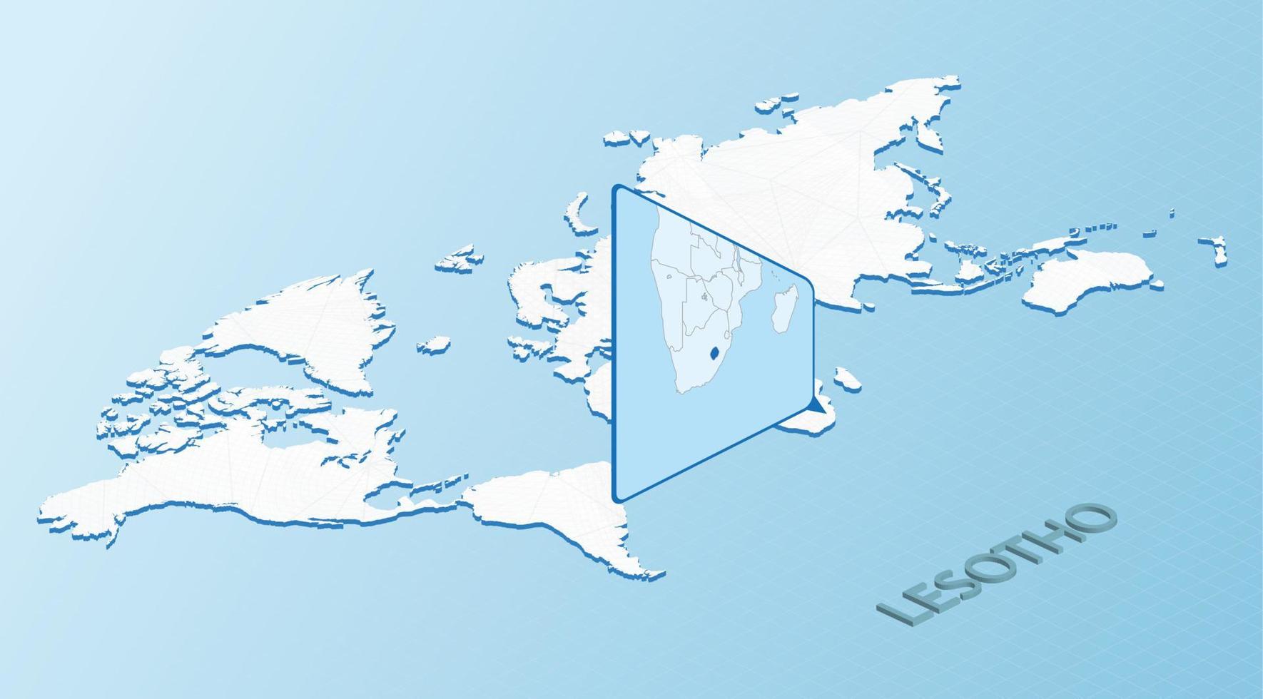 mapa mundial en estilo isométrico con mapa detallado de lesotho. mapa de lesotho azul claro con mapa del mundo abstracto. vector