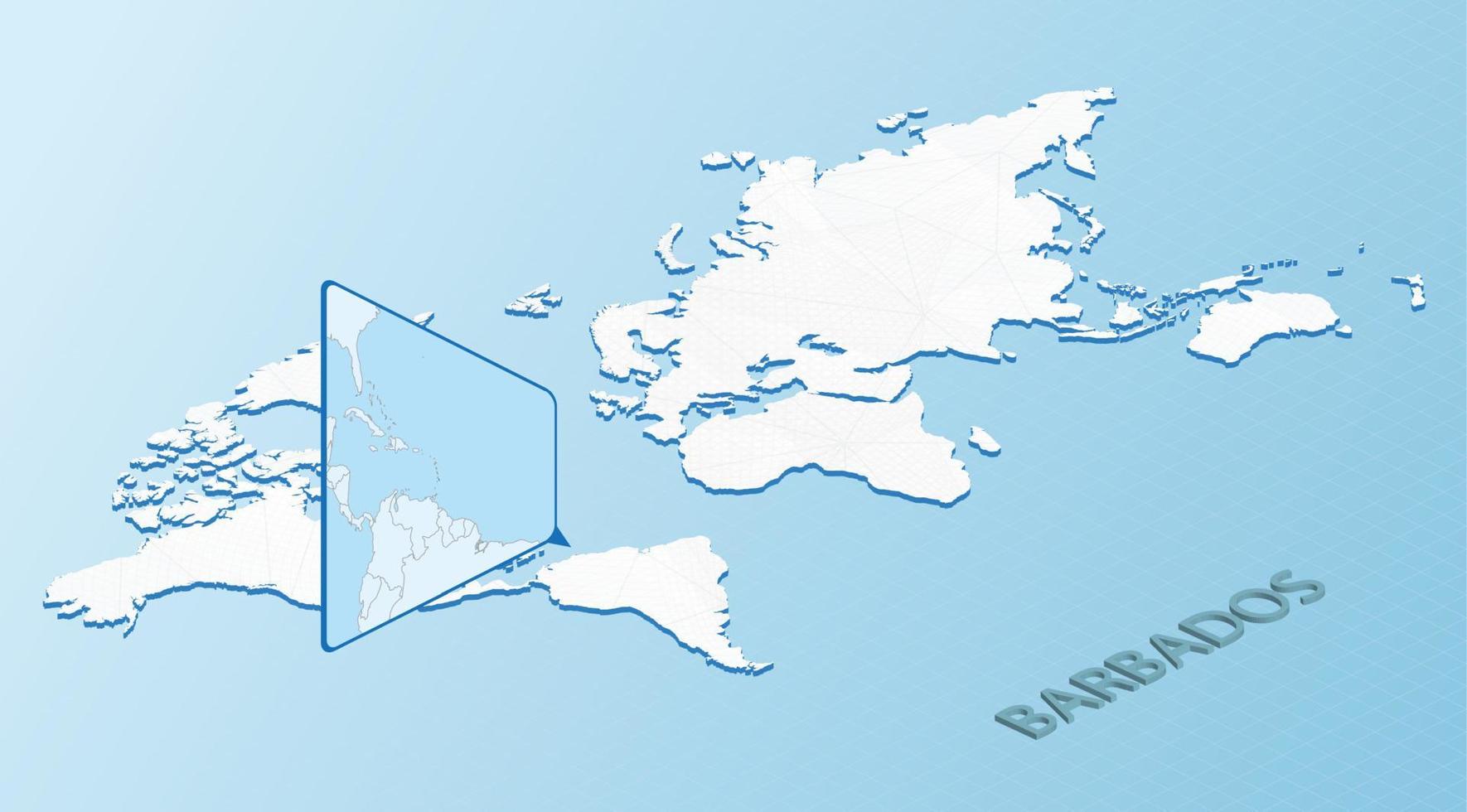 mapa mundial en estilo isométrico con mapa detallado de barbados. mapa azul claro de barbados con mapa del mundo abstracto. vector