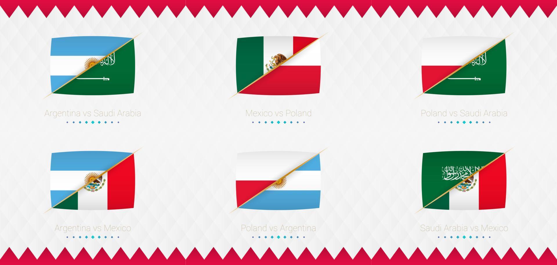 A set of Group C match icons of the 2022 international soccer tournament, the flag and a set of match icons on an abstract background. vector