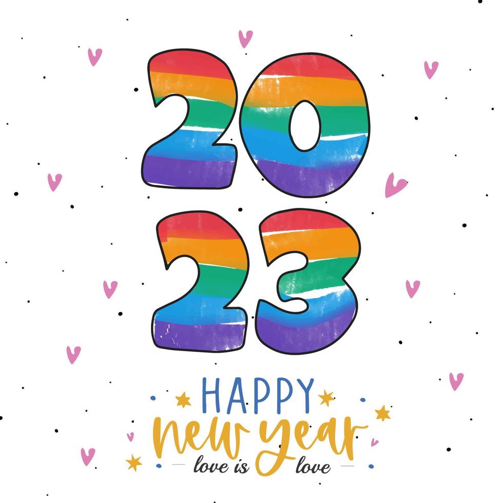 Beautiful inscription 2023, new year card, lgbt, happy new year, love is love vector