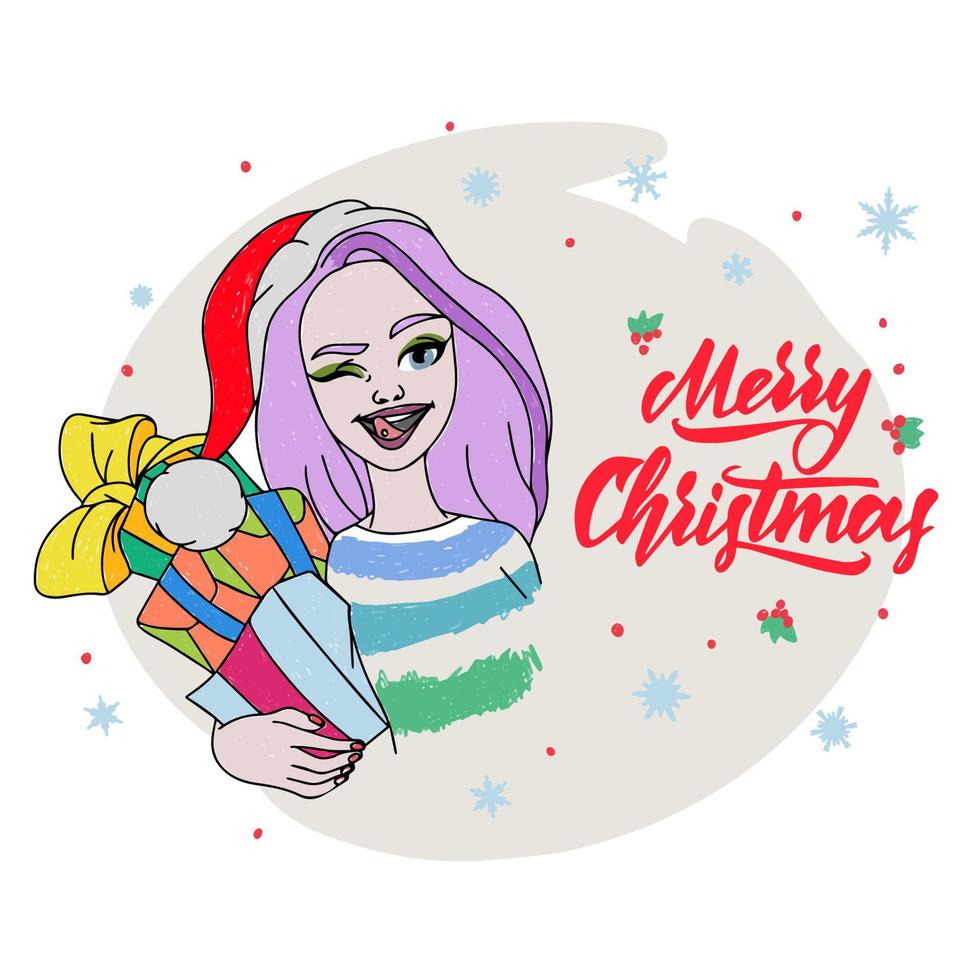Girl in a hat with gifts, character design vector