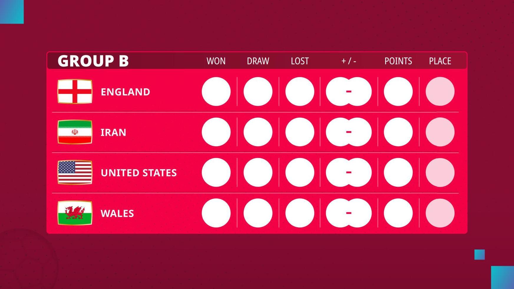 Table of group B in football cup 2022. Schedule for Group B of soccer competition. vector