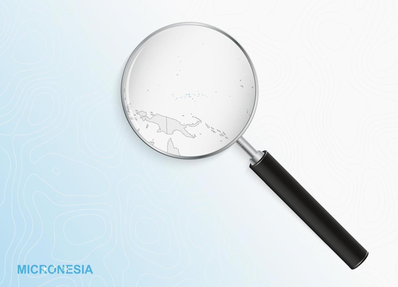 Magnifier with map of Micronesia on abstract topographic background. vector