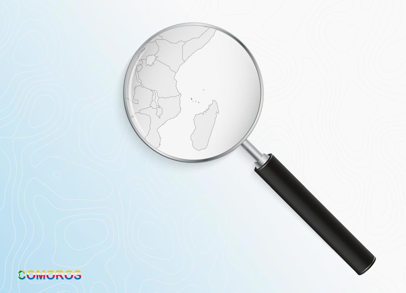 Magnifier with map of Comoros on abstract topographic background. vector