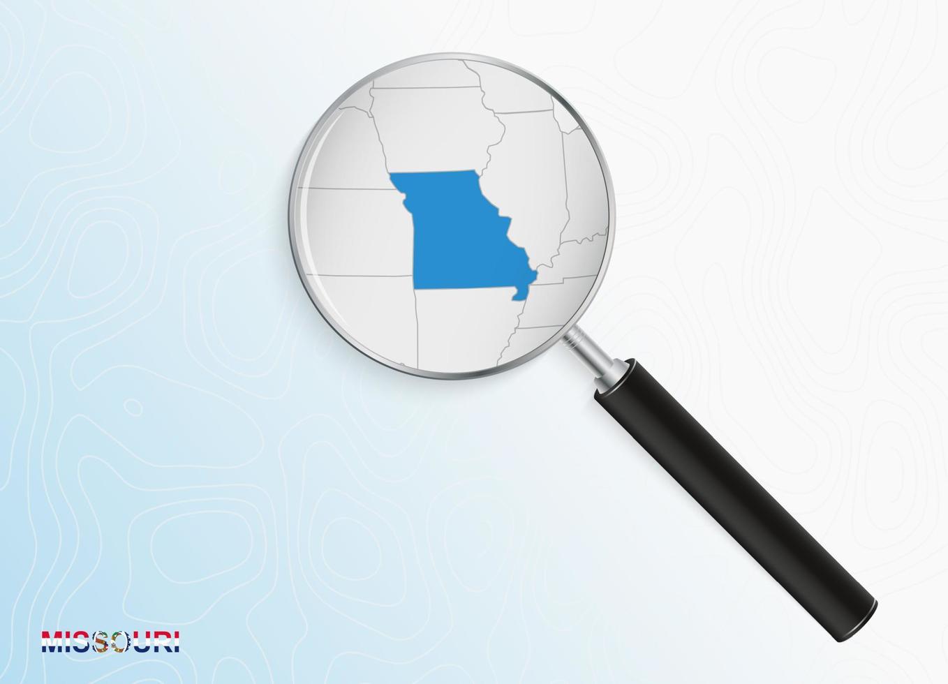 Magnifier with map of Missouri on abstract topographic background. vector