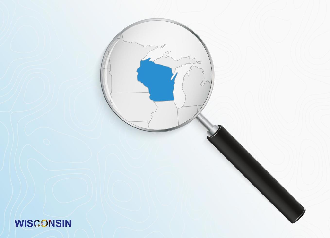 Magnifier with map of Wisconsin on abstract topographic background. vector