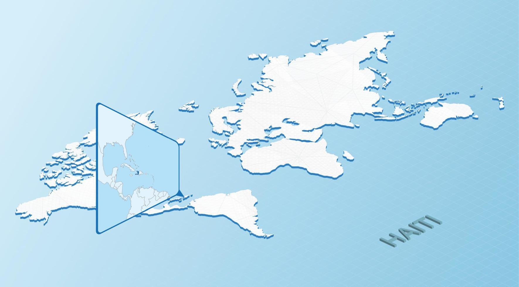 mapa mundial en estilo isométrico con mapa detallado de haití. mapa azul claro de haití con mapa del mundo abstracto. vector