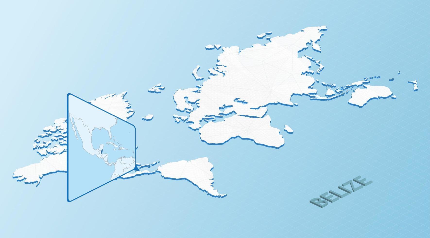 mapa mundial en estilo isométrico con mapa detallado de belice. mapa azul claro de belice con un mapa del mundo abstracto. vector