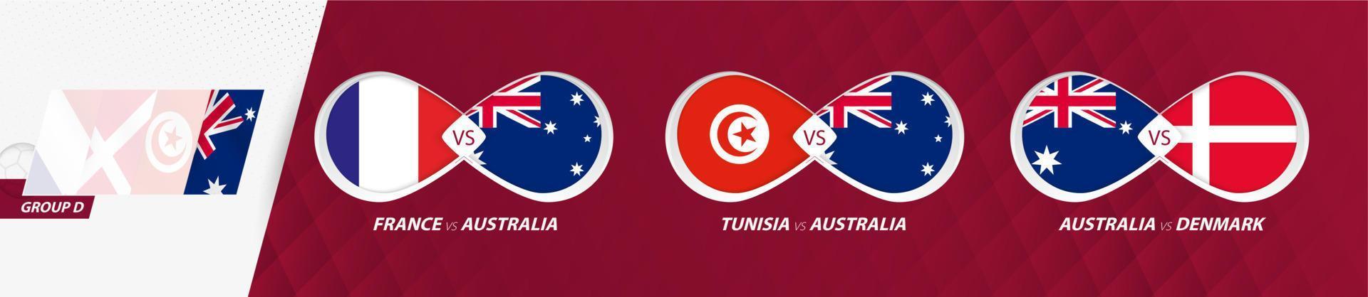 partidos de la selección nacional de australia en el grupo d, competición de fútbol 2022, icono de todos los juegos en la fase de grupos. vector