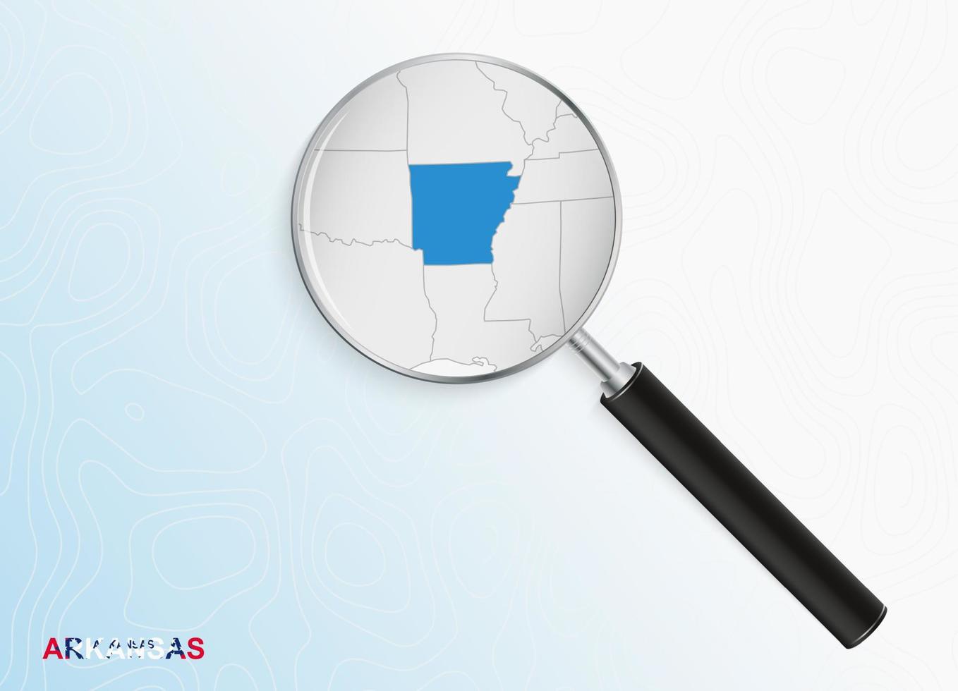 Magnifier with map of Arkansas on abstract topographic background. vector