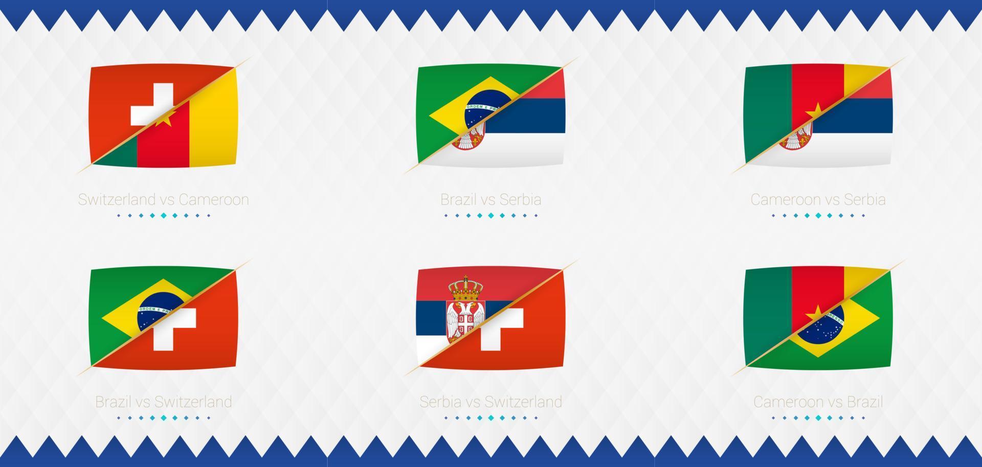 un conjunto de iconos de partidos del grupo g del torneo internacional de fútbol de 2022, la bandera y un conjunto de iconos de partidos sobre un fondo abstracto. vector