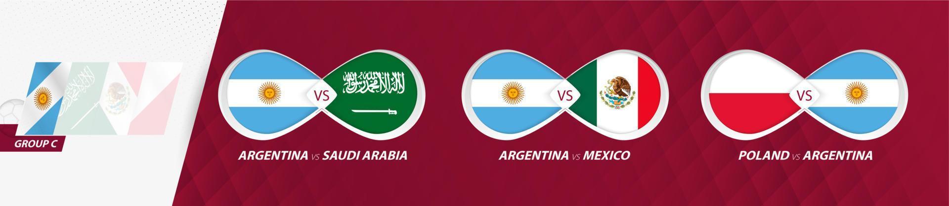 Argentina national team matches in group C, football competition 2022, all games icon in group stage. vector