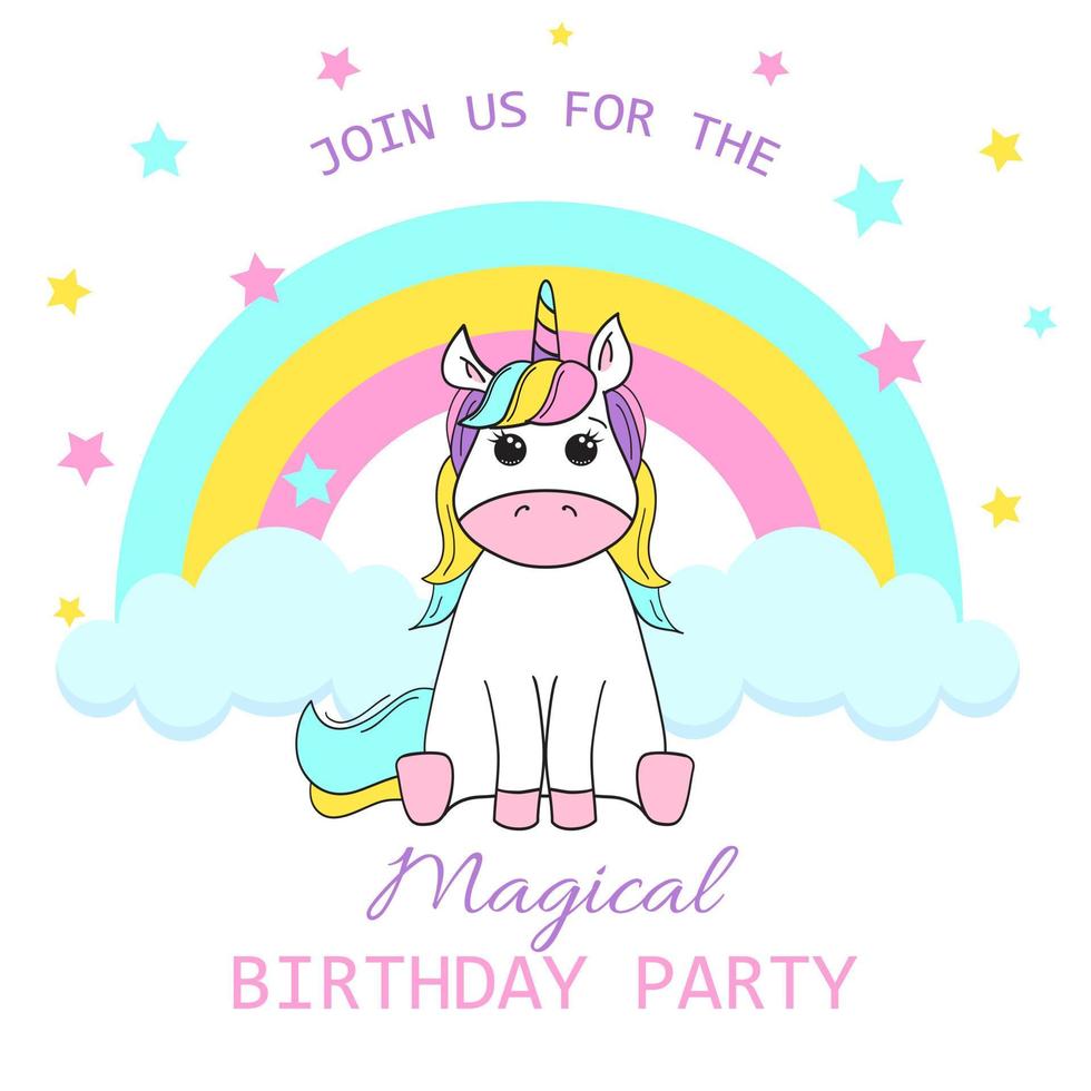 Birthday party invitation with a baby unicorn. Vector illustration on white background