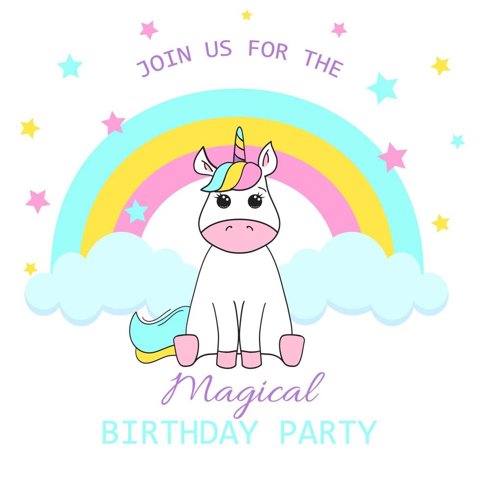 invitación de fiesta de cumpleaños con un bebé unicornio. Ilustración vectorial sobre fondo blanco vector