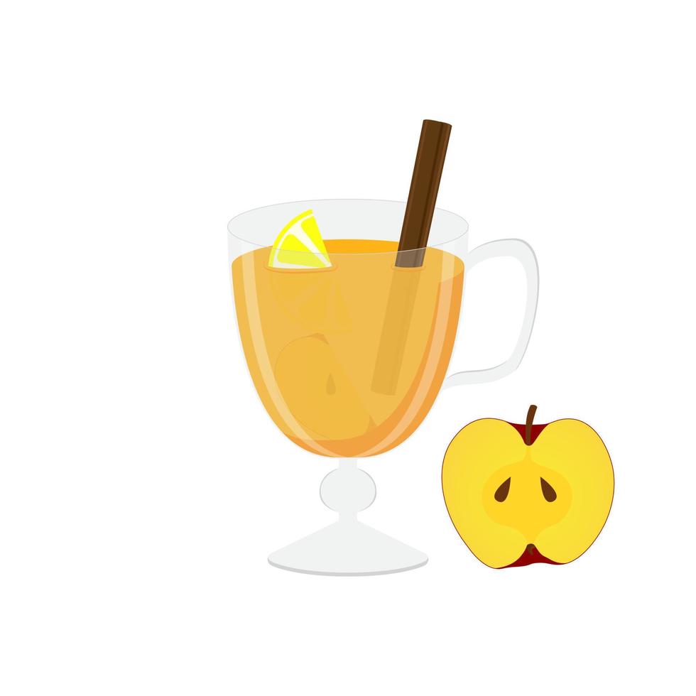 A glass of apple punch with cinnamon and lemon in a cartoon style. Vector illustration on white background