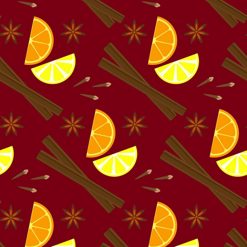 patrón sin costuras sobre un fondo burdeos. humor navideño. el olor de los cítricos, dibujando rodajas de naranja y limón, canela, clavo, anís. ilustración vectorial vector