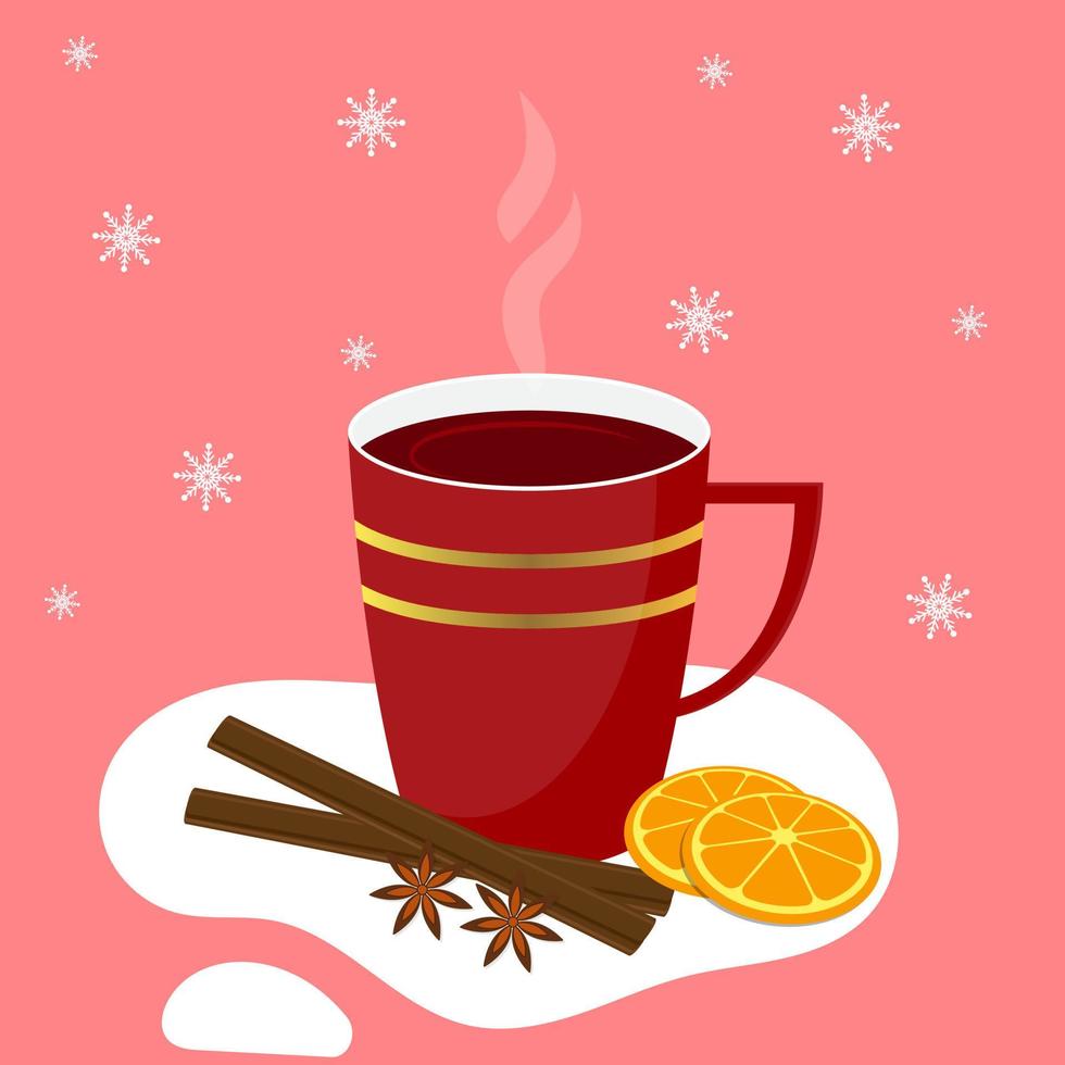 Mulled wine in a cup. Hot aromatic mulled wine with cinnamon, orange and anise. Winter greeting card design. Vector illustration